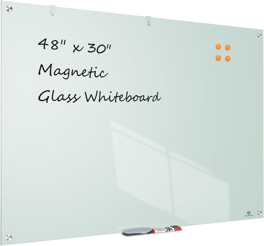 TSJ OFFICE Glass Dry-Erase Board - 48 x 30 Inches Wall Mounted Magnetic Whiteboard, Large Frameless Glass White Board for Office, Home & School