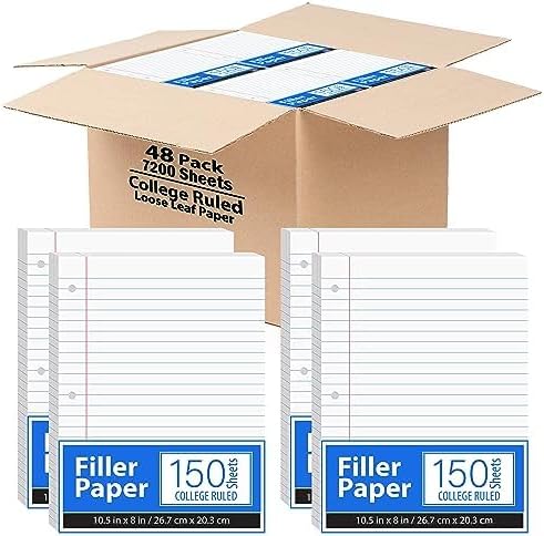Notebook Paper, College Ruled Loose Leaf Paper (36 Pack Bulk), Filler Paper, 10.5” x 8”, 200 Sheets Per Pack, 60 gsm (36 Pack)