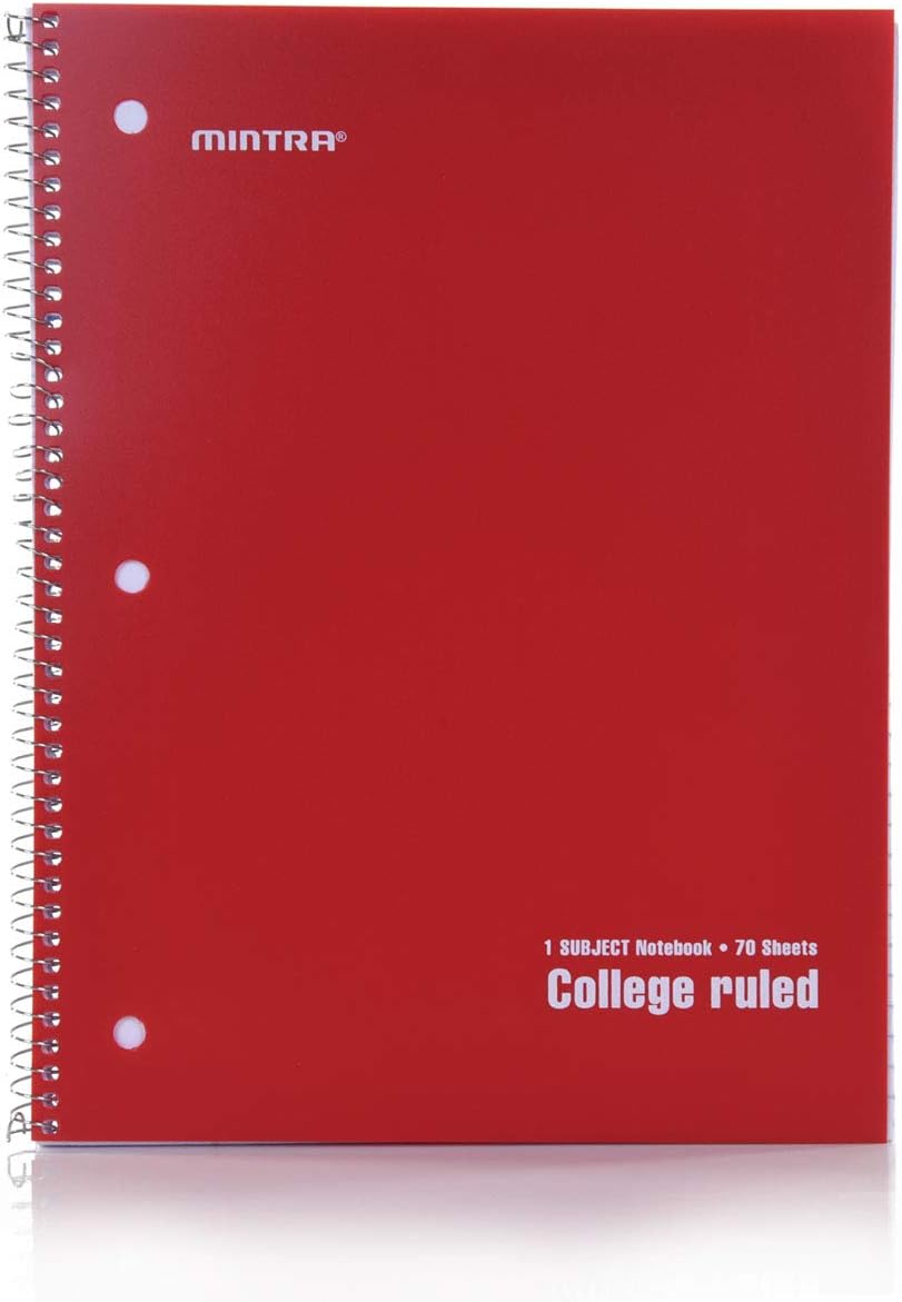 Mintra Office Spiral Notebooks - 1 Subject, Poly Cover, 70 Sheets, College Ruled, 8in x 10in, Bulk Pack, Primary Color Waterproof Covers, Set of 6 - for School, Office, Business, Professional (04659)