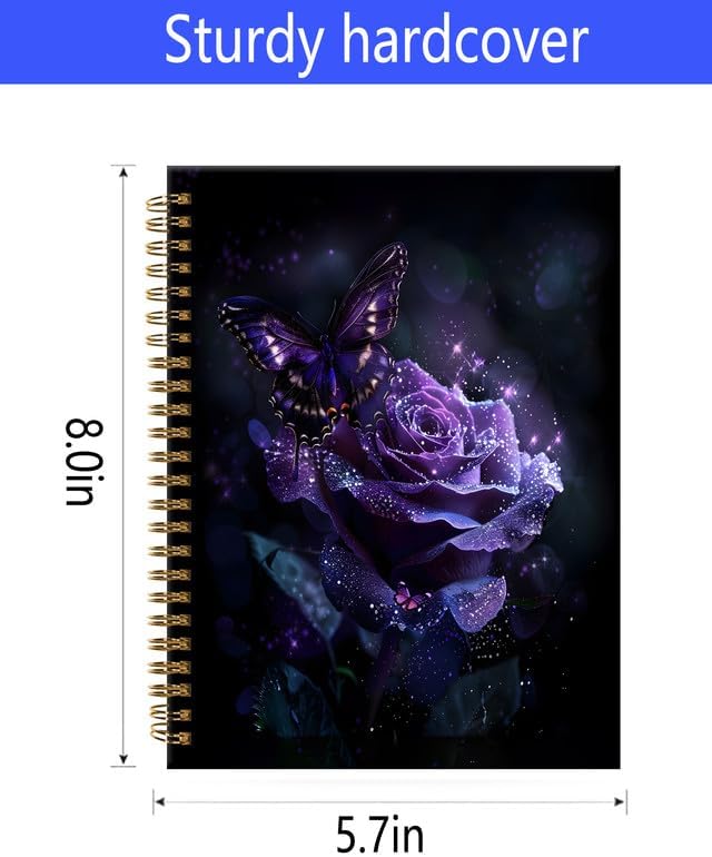 Spiral Journal Notebook,A5 Hardcover Lined Journals for Women 6 x 8.3 in,120 Pages Thick Paper,Cute College Ruled Writing Notebook for Gifts Office Work School(Sparkle Purple Butterfly Floral)