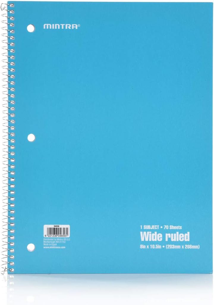 Mintra Office Spiral Notebooks - 1 Subject, 70 Sheets, WIDE Ruled, 8in x 10in, Bulk Pack, Primary Color Covers, Set of 6 - for School, Office, Business, Professional (04656)
