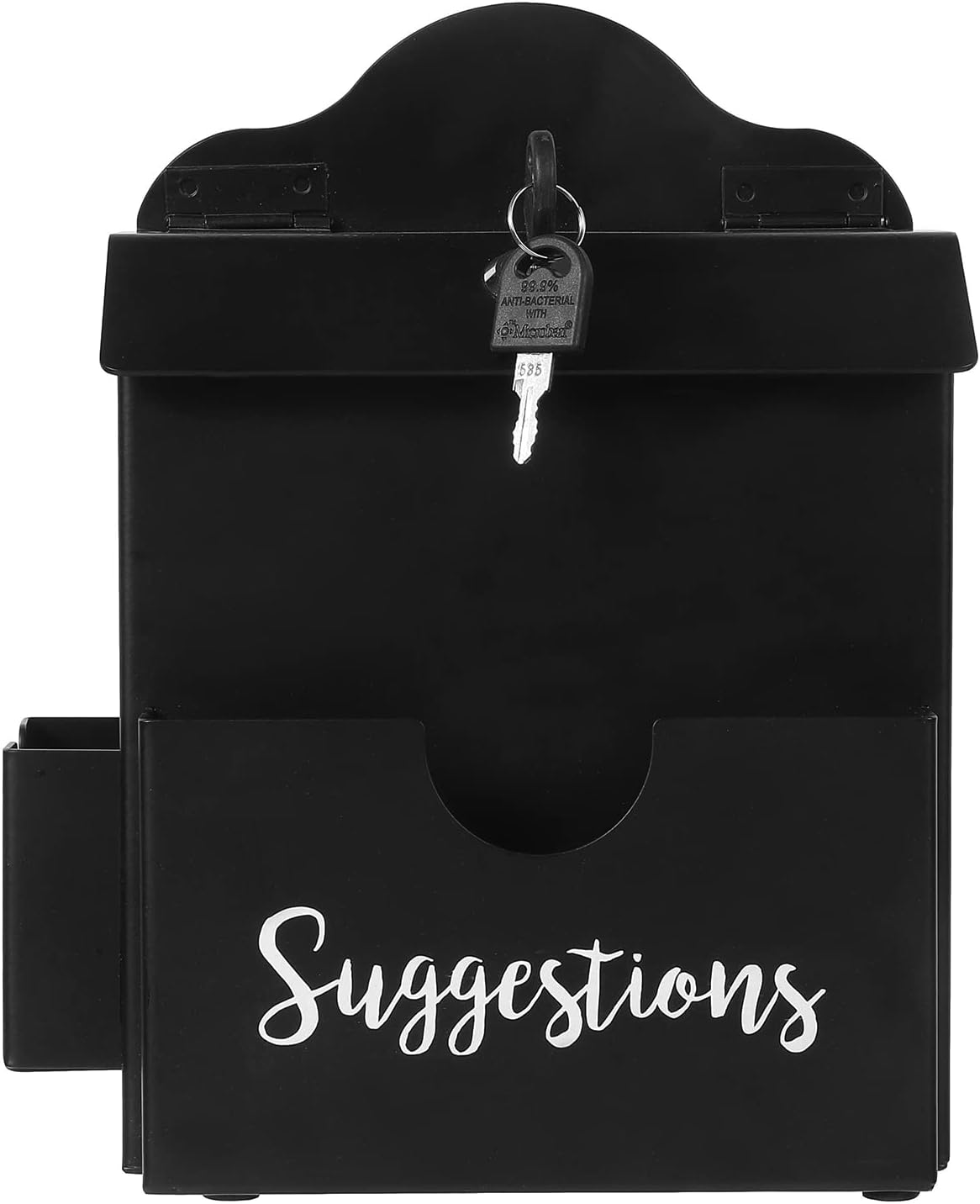 MyGift Classic Matte Black Metal Suggestion Box with Cursive Suggestions Lettering, Wall Mounted or Tabletop Comment Box with Lock, Keys, Paper Sheet and Pen Holder Slots