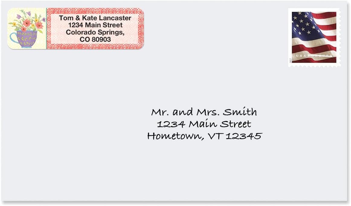 Teacups Rolled Personalized Return Address Mailing Labels with Dispenser, Set of 500, 5 Designs, Small ¾ x 2½ Inch Size, Custom Self-Adhesive Sticker Roll, by Colorful Images