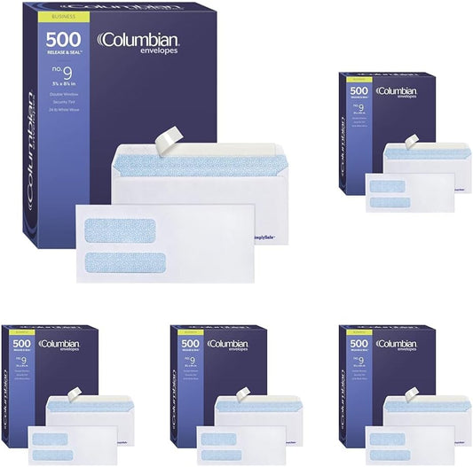 Columbian #9 Double-Window Security Envelopes, SimplySafe Tamper Evident, Pull Strip, Peel and Seal, for Invoices and Statements, 3-7/8 x 8-7/8 Inches, 500 per Box (COLO166), White (Pack of 5)