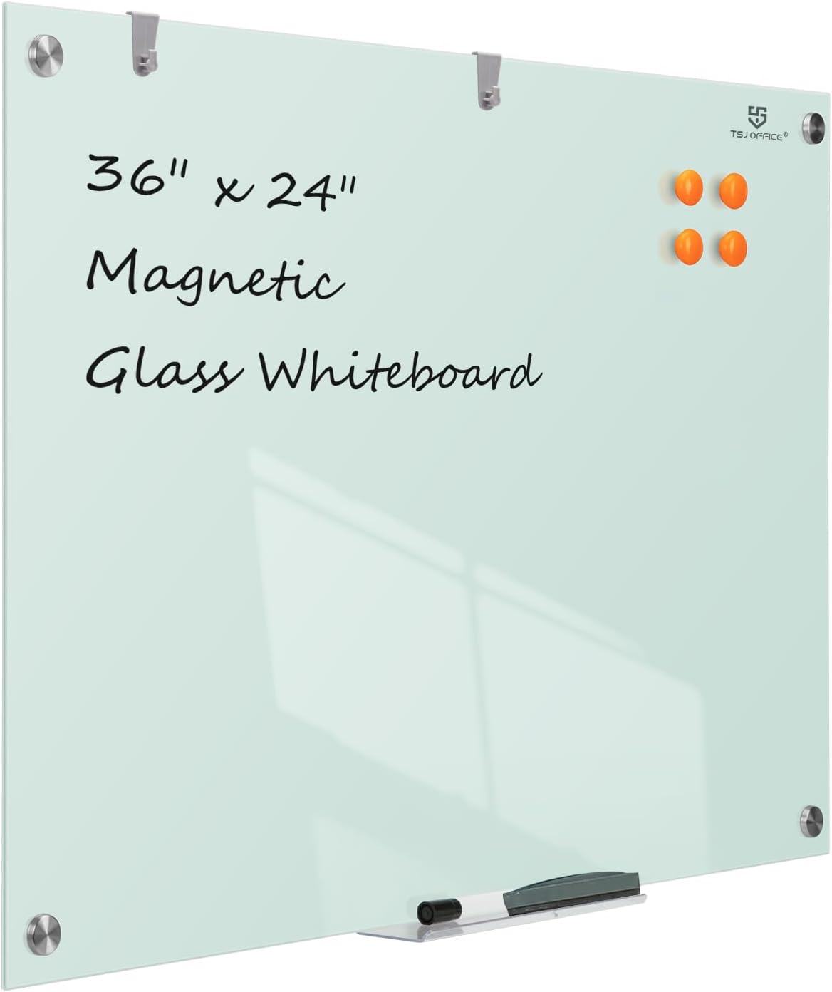 TSJ OFFICE Glass Dry-Erase Board - 36 x 24 Inches Wall Mounted Whiteboard with Magnetism, Large Frameless Glass White Board for Office, Home & School