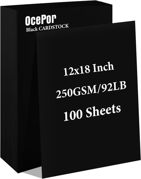 OcePor 100 Sheets Black Cardstock 12” x 18”, 92lb/250gsm Black Card Stock, Thick Card Stock Paper, Heavy Cardstock Paper for Printer, Resume, Scrapbooks, Art, Crafts, Business Cards