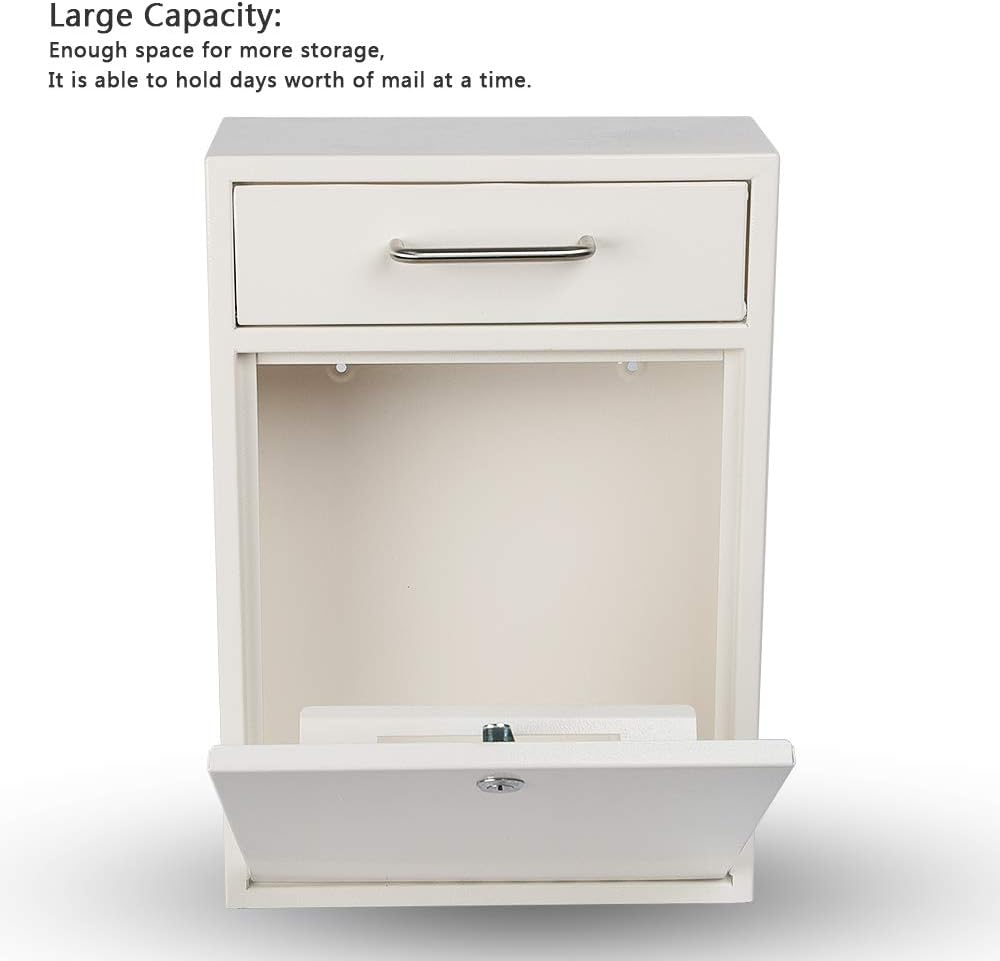 KYODOLED Steel Key Lock Mail Boxes Outdoor, Locking Wall Mount Mailbox, Security Key Drop Box, Collection Boxes,16.2H x 11.22L x 4.72W Inches, White X Large