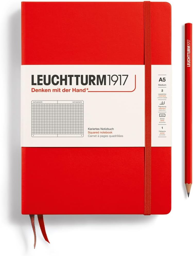 LEUCHTTURM1917 - Notebook Hardcover Medium A5-251 Numbered Pages for Writing and Journaling (Red, Squared)