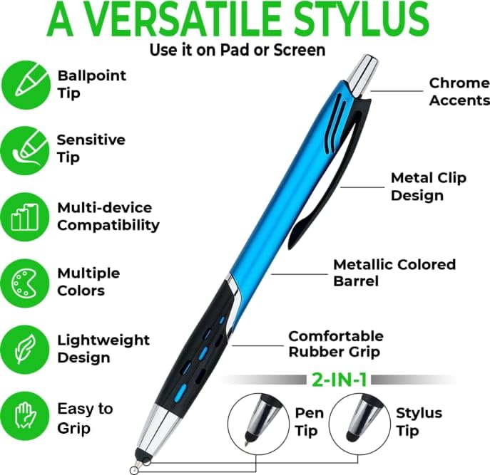Stylus Pens - 2 in 1 Touch Screen & Writing Pen, Sensitive Stylus Tip - for Your iPad, iPhone, Kindle, Nook, Samsung Galaxy & More - Assorted Colors, 5 Pack