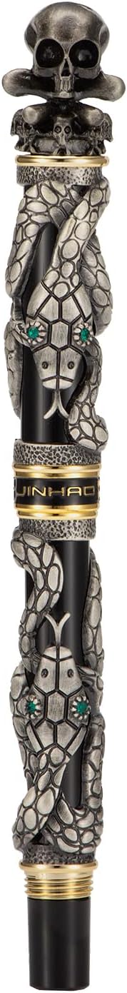 Jinhao Black Snake Fountain Pen Medium Nib Retro Style with Skull Head Solid Metal and Paper Pen Case Set