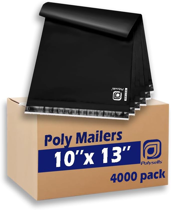 POLYSELLS 4000 pcs 10x13 Inches Black Poly Mailers Shipping Envelopes, Strong Adhesive Sealing, Waterproof, and Tear-resistant Postal Mailing Bags for Clothing, Books, and Accessories