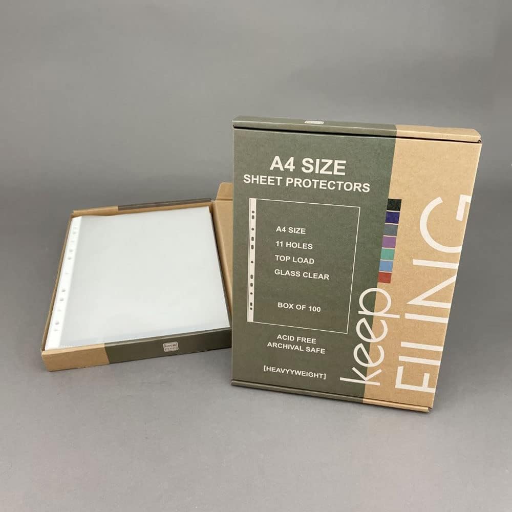 A4 Sheet Protectors, 200 Sheets (2 Boxes), Top Load, Heavyweight, Pre-Punched 11 Holes, Glass Clear, Acid Free