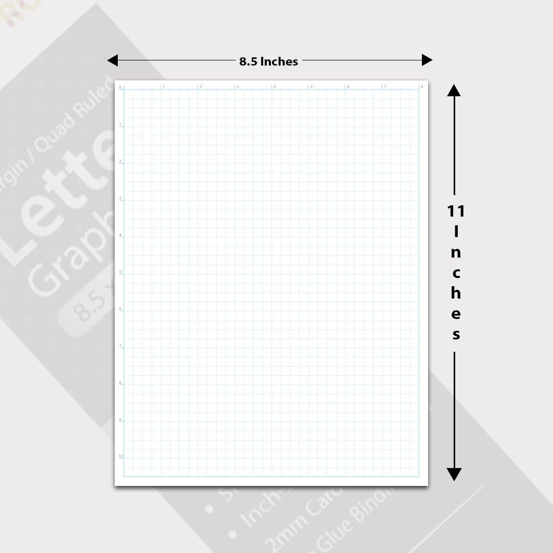 Letter 8.5"x11" Premium Graph Pad, ¼” Quad-Ruled Grid, 21-Gram Thick Paper, Inch-scale, 50 Sheets/Pad, Top Glue Binding. Sketching & Drafting. (5)