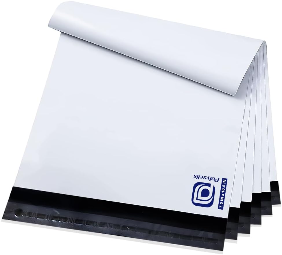 POLYSELLS Poly Mailers Shipping Envelopes, Strong Adhesive Sealing, Waterproof, and Tear-resistant Postal Mailing Bags for Clothing, Books, and Accessories (White, 100, 7.5" X 10.5")