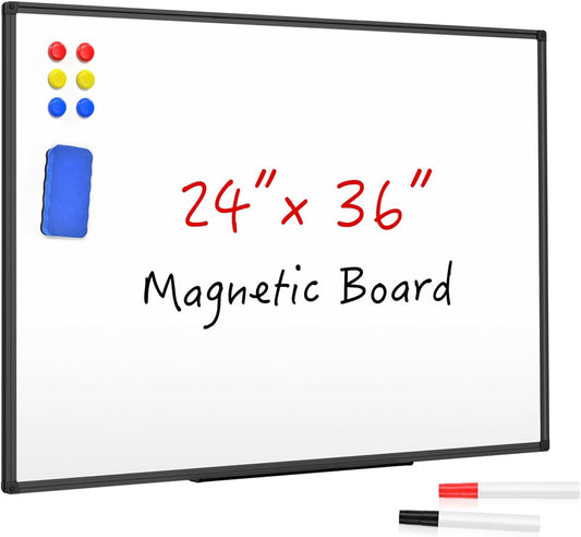 Magnetic Dry Erase Whiteboard 36 x 24 Inch - Small White Board, Black Aluminum Frame Wall-Mounted, Magnetic Eraser, 2 Pen, Detachable Marker Tray, 6 Magnets for Office, School