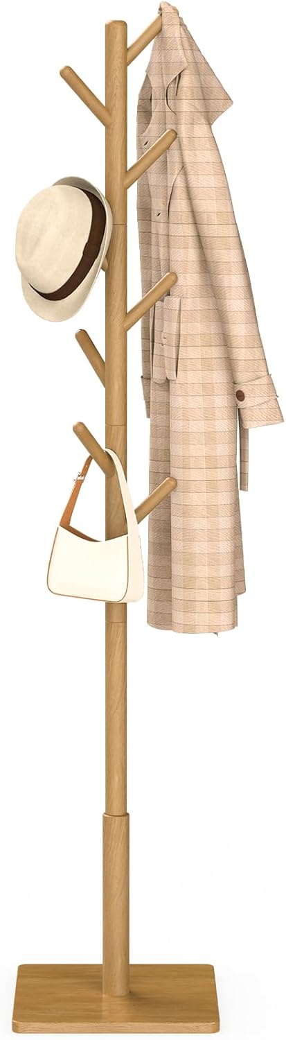 Coat Rack Freestanding with Stable Square Base for Cloathes, Hat, Used in Bedroom, Office and Entryway, Sturdy and Easy Assembly Coat Tree with 3 Adjustable Sizes and 8 Hooks, Natural