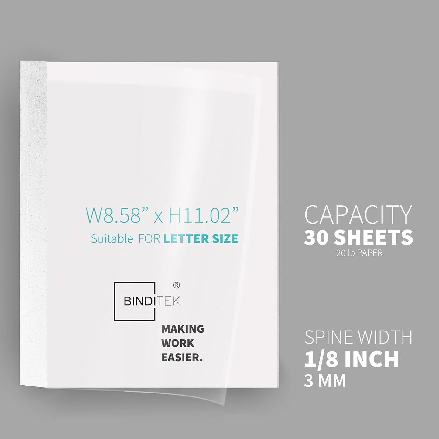 Binditek 10 Pack Thermal Binding Presentation Covers, 1/8 Inch Spine, Holds 30 Sheets, Ultra Clear Front Cover, White Paper Back Cover, Letter Size, for Students and Coworkers