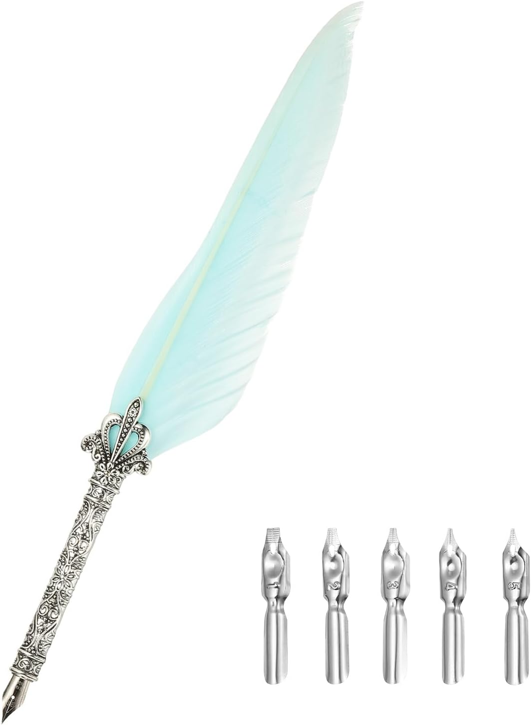 PATIKIL 26.5cm/10.4" Calligraphy Feather Quill Pen, Vintage Feather Dip Pen with 5 Replacement Nibs for Calligraphy Writing Wedding Office Gifts, Blue