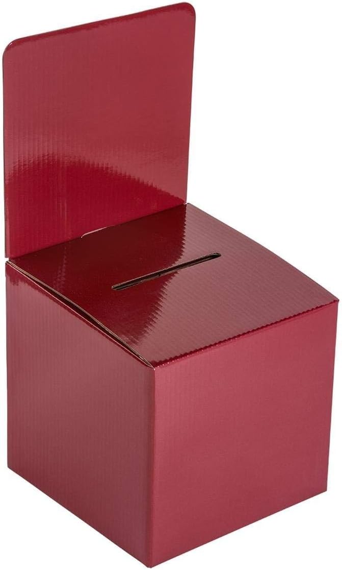 Raffle Ticket Donation Collection Ballot Box Reusable Sturdy thick Cardboard with Slot comment Suggestion Box With Removable Header 6H x 6W x 6D, Display area 6H x 6W(Red 5 pack)