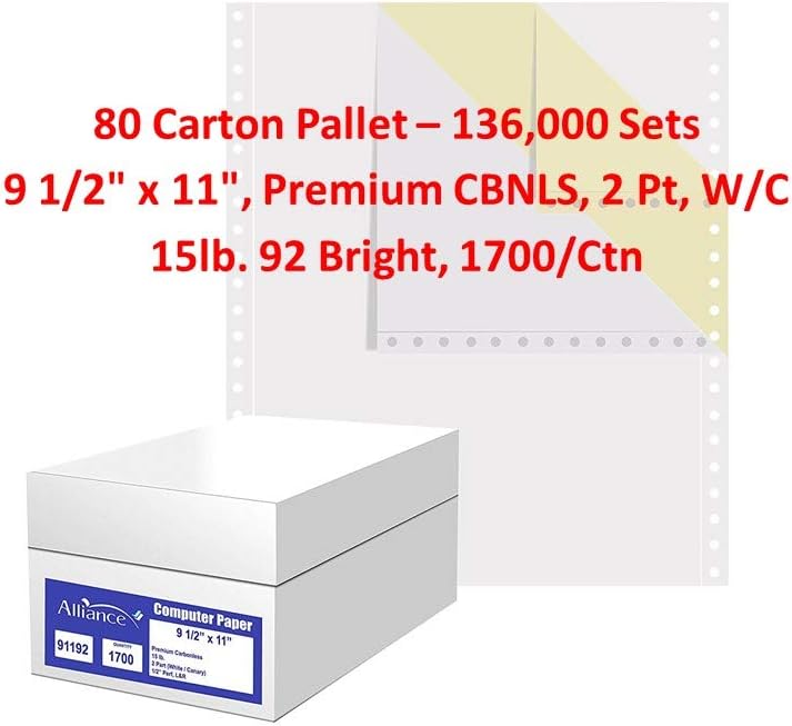 Alliance Continuous Carbonless Computer Paper 9.5 x 11, Blank Left and Right Perforated, 15 lb (2-Pt W/C 1700/Ctn 80 Ctns/Pallet)