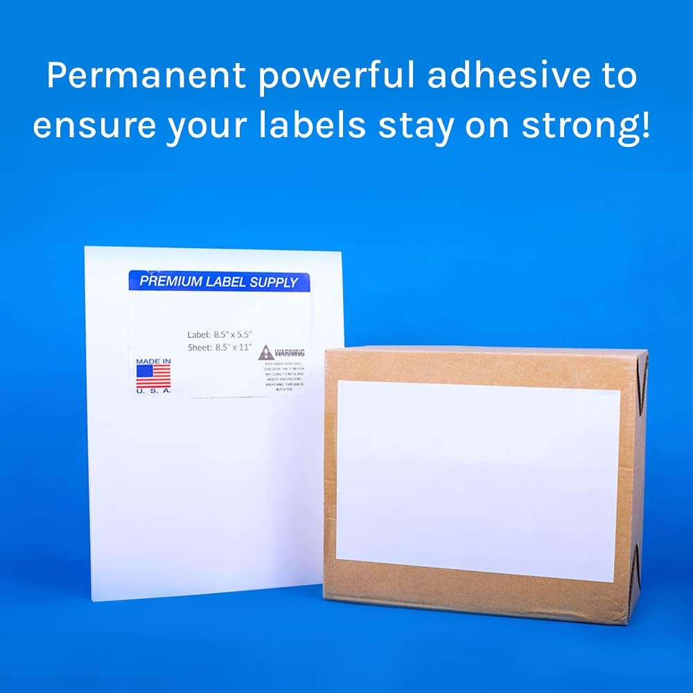 Premium Label Supply White Sticker Half Sheet Labels – 8.5" x 5.5" – Laser/Inkjet Compatible – (2 per Sheet), 25 Sheets - 50 Total Adhesive Labels