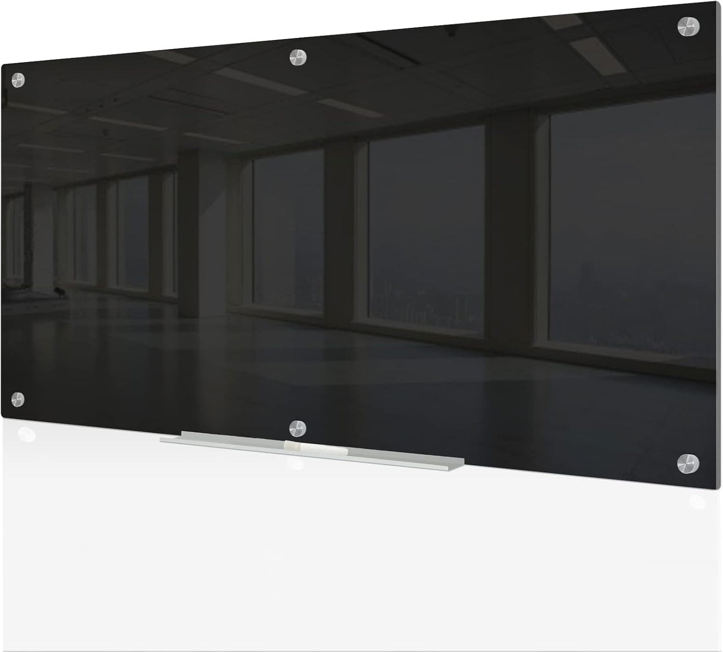 J&J worldwide Black Glass Whiteboard Magnetic Dry Erase Board 6' x 3', Large Frameless Glass White Board Wall Mounting for Office, Home, School, Includes Magnets, Marker Tray, Eraser