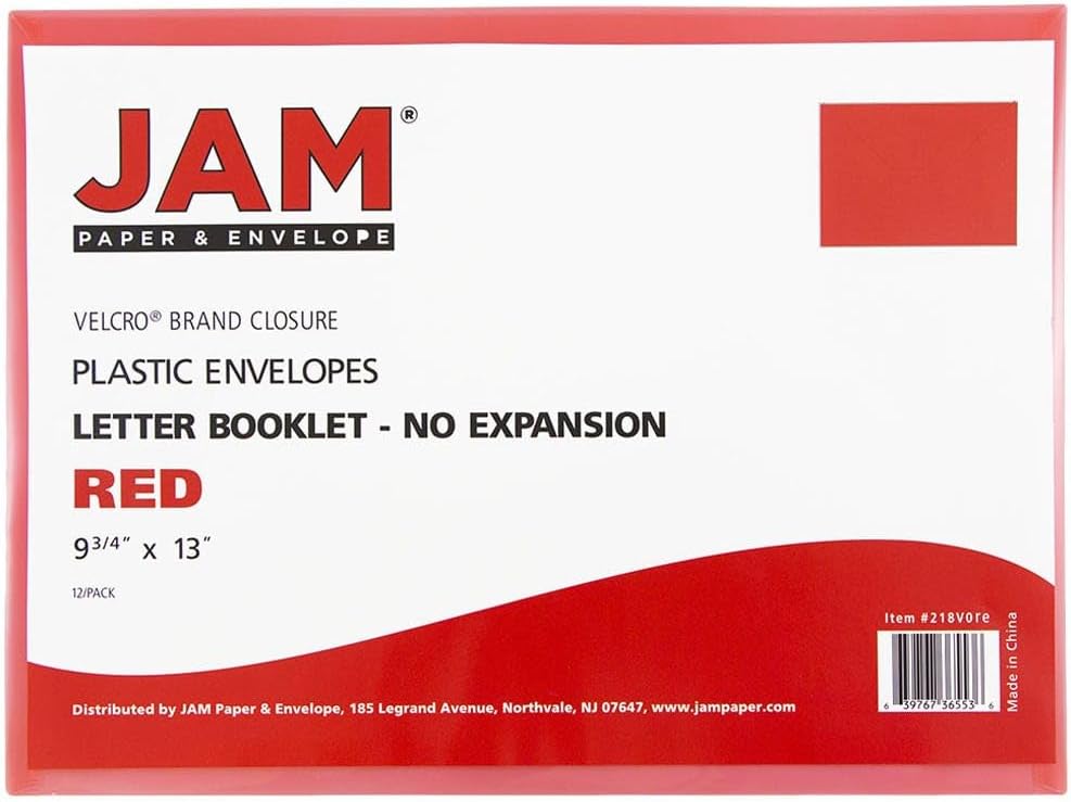 JAM PAPER Plastic Envelopes with Hook & Loop Closure - Letter Booklet - 9 3/4 x 13 - Red - 3/Pack