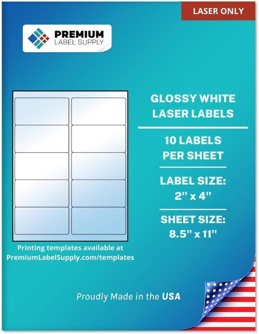 Premium Label Supply Glossy White Sticker Labels – 2" x 4" – (10 per Sheet) (Glossy White for Laser Only, 250 Labels)