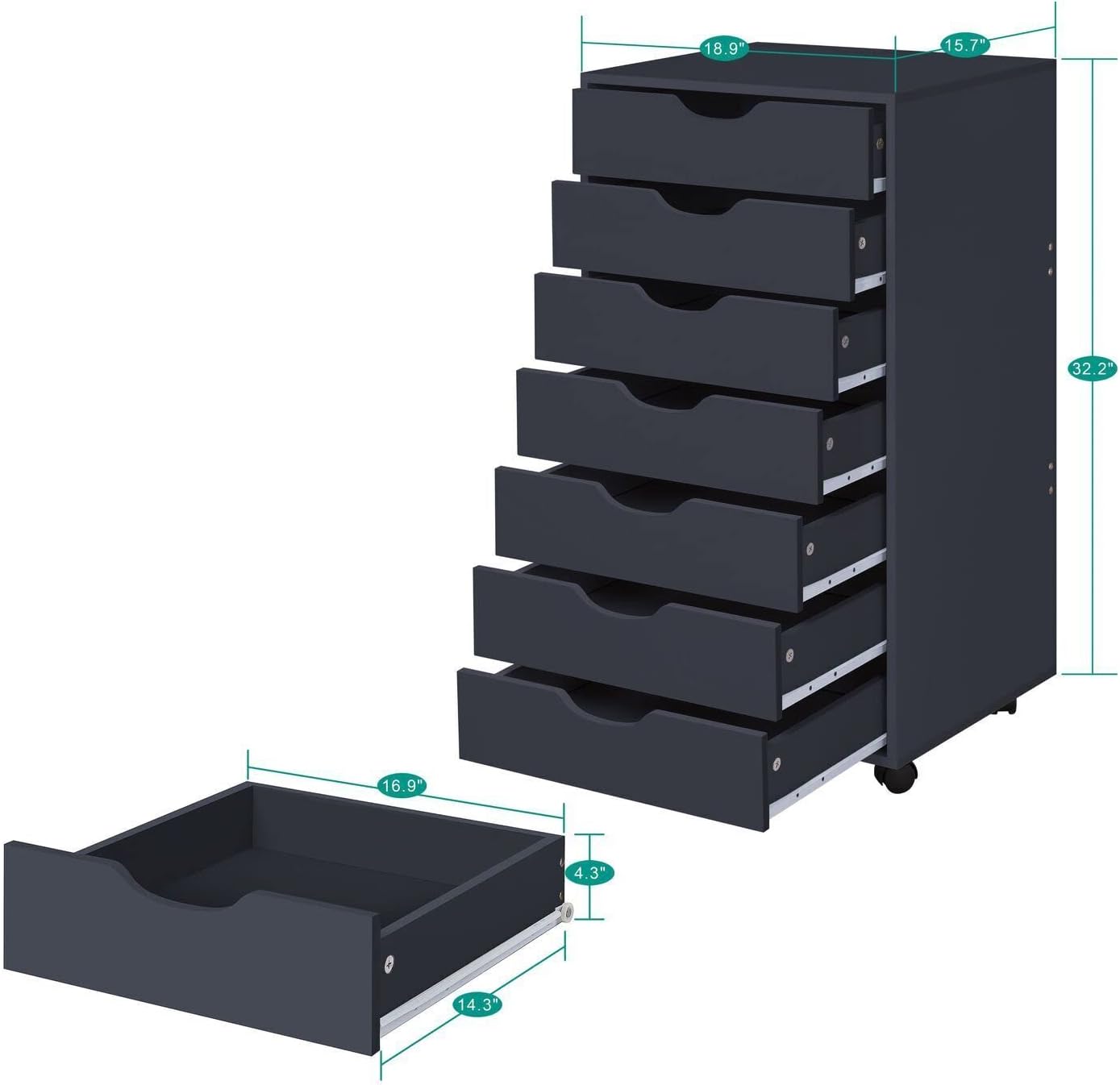 Naomi Home 7 Drawer Office File Cabinet, Storage File cabinets for Home Office, Office Organization Filing Cabinet with Wheels, Printer Stand with Storage, 180 lbs Capacity – Black