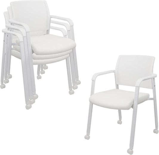 CLATINA Stacking Office Chairs with Wheels | Mesh Back, Thicken Leather Seat and Streamline Armrests, Ergonomic Lumber Support | School, Desk, Guest Reception, Waiting, Conference | Set of 4, White