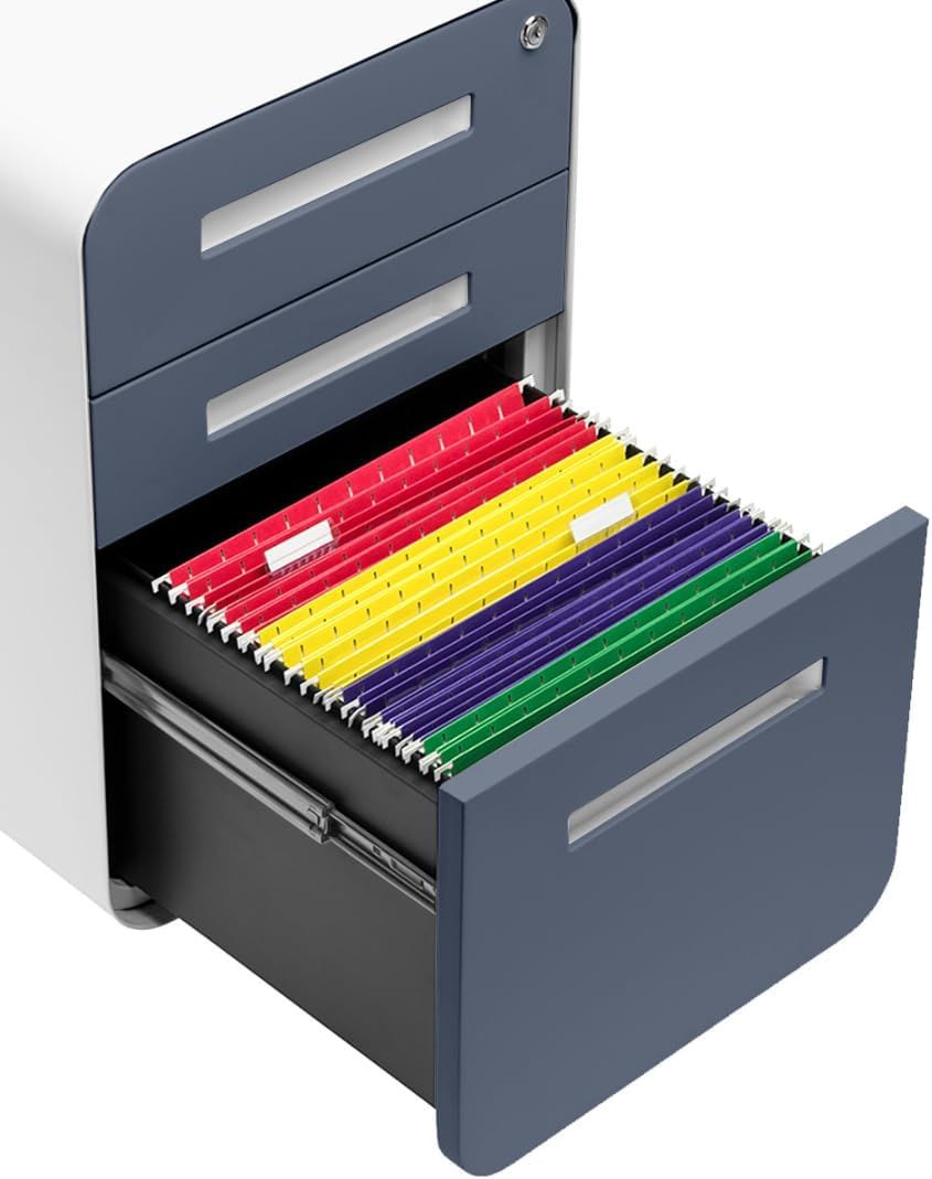 Laura Davidson Furniture Stockpile 3 Drawer File Cabinet with Lock - Under Office Desk Metal Filing Cabinet, Legal/Letter File Folders, Wheels and Stationary Feet, Pre-Assembled, Coastal Blue