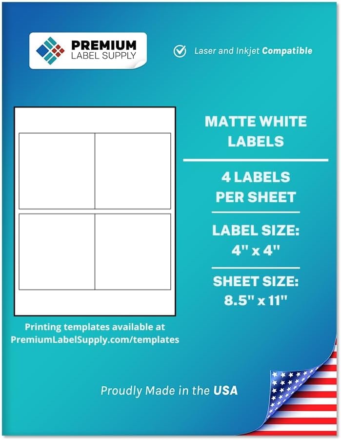 Premium Label Supply White Sticker Square Labels – 4" x 4" – Laser/Inkjet Compatible – (4 per Sheet), 2000 Sheets - 8,000 Total Adhesive Labels