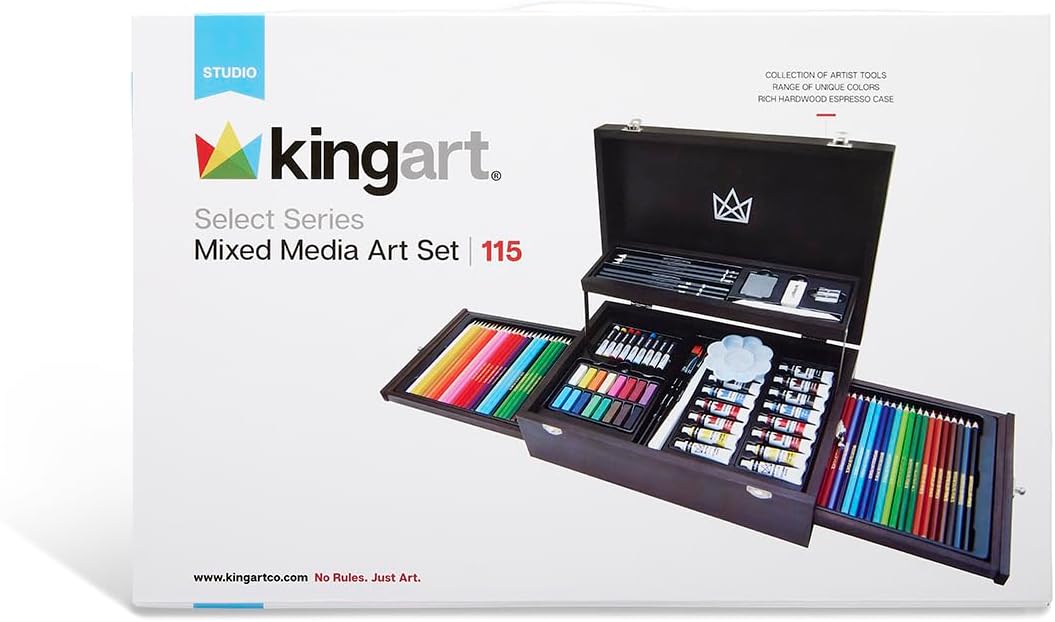 KINGART 131 MIXED MEDIA ART SET - 115 Pc., 2-Drawer Wooden Case, Pencils, Pastels, Paints, Brushes, Erasers, Sharpener, Palette Knife, Palette, Painting, Drawing, All Skill Levels, 115 Pc.