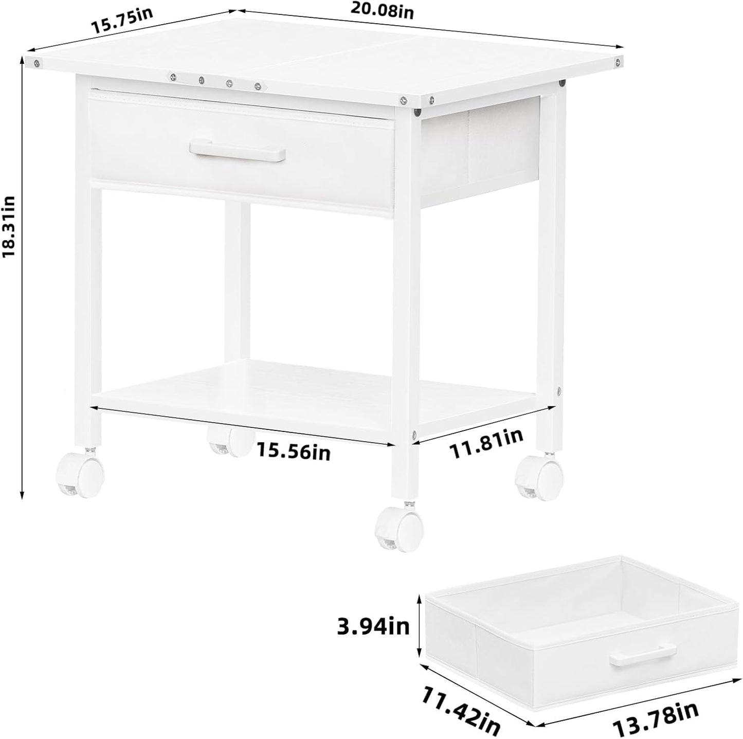 Lerliuo Under Desk Rolling Printer Stand with Drawer, 2-Tier Industrial Mobile Printer Table Desk with Storage Shelf and Steel Frame, Printer Cart Holder with Lockable Wheels for Home, Office (White)