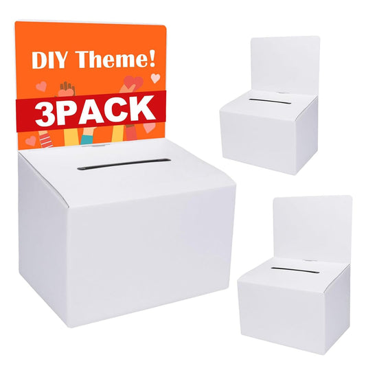 GRAWUN 3 Pack Cardboard Ballot Box with Slot, Suggestion Boxes with Removable Header, White Glossy Raffle Boxes 6.5x4.5x4.5Inch, Donation Boxes for Fundraising, Collecting Card and Voting Contest