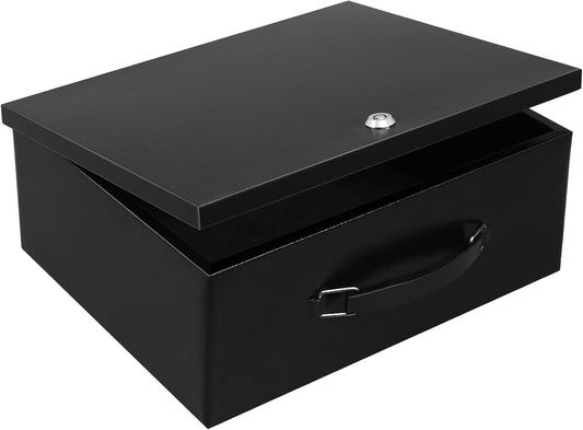 Dalmbox Portable Metal Safe Box with Key Lock - Fire Resistant Storage for Documents, Car, Home and Outside - X Large 13.2"x 11"x 5.1" Black Box