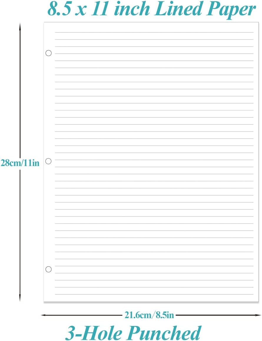 3-Hole Lined Refill Paper, Letter Size Punched Ruled Filler, 100 Sheets / 200 Pages, 100gsm White Paper, 8.5'' x 11''