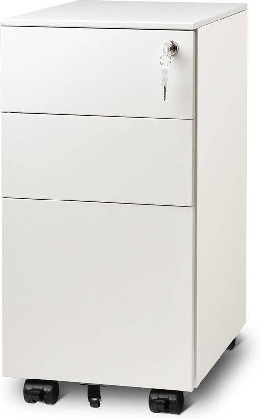 DEVAISE White File Cabinet, Small Filing Cabinet with 3 Drawers with Slim Width for Home Office, Rolling Under Desk Storage (11.8 inch)