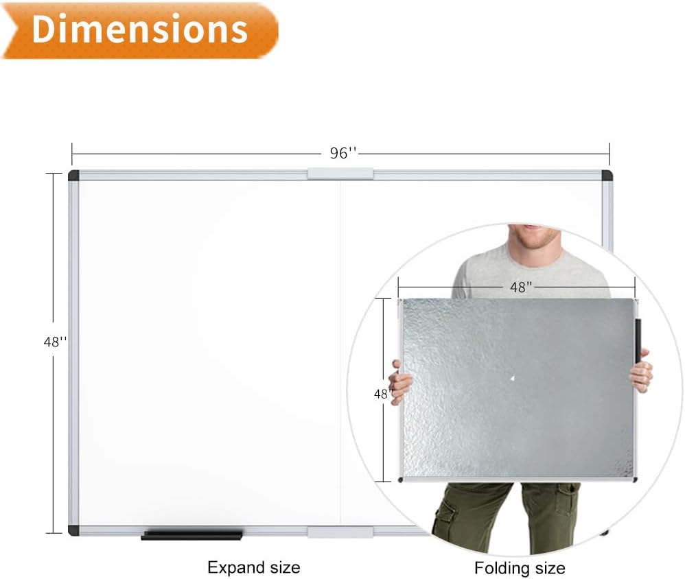 VIZ-PRO Magnetic Dry Erase Board, 96 X 48 Inches, Foldable Wall-Mounted Whiteboard with Silver Aluminum Frame & Marker Tray for School Office and Home 8' X 4'