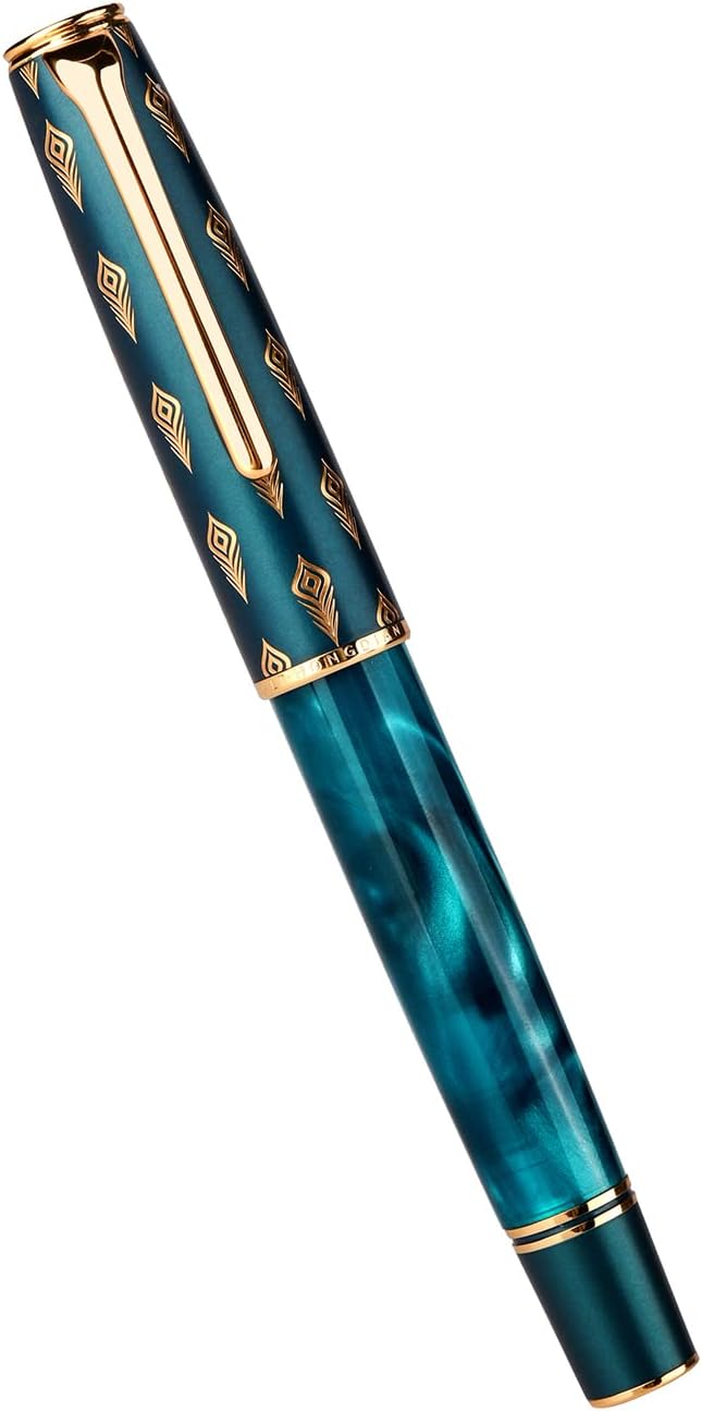 Hongdian N7 Blue Peacock Fountain Pen Resin Piston, Iridium Medium Nib Classic Pen, Smooth Writing Pen with Metal Box