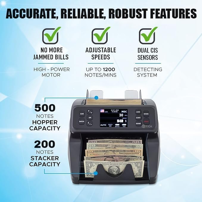 DETECK DT600 Bank Grade Money Counter Machine Mixed Denomination, Value Counting, Multi Currency, Bill Cash Counter 2CIS/UV/IR/MG/MT Counterfeit Detection, Serial Number, Printer Enabled