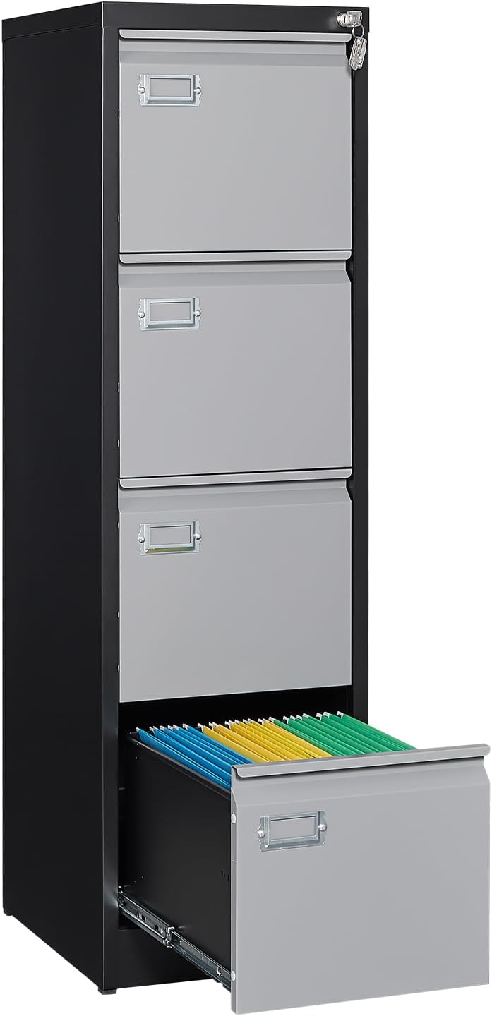 4 Drawer File Cabinet, Filing Cabinets for Home Office, Metal Vertical File Storage Cabinet with Lock, Locking File Cabinet for A4 Legal/Letter, 15" W x 17.7" D x 50.1" H, Assembly Required