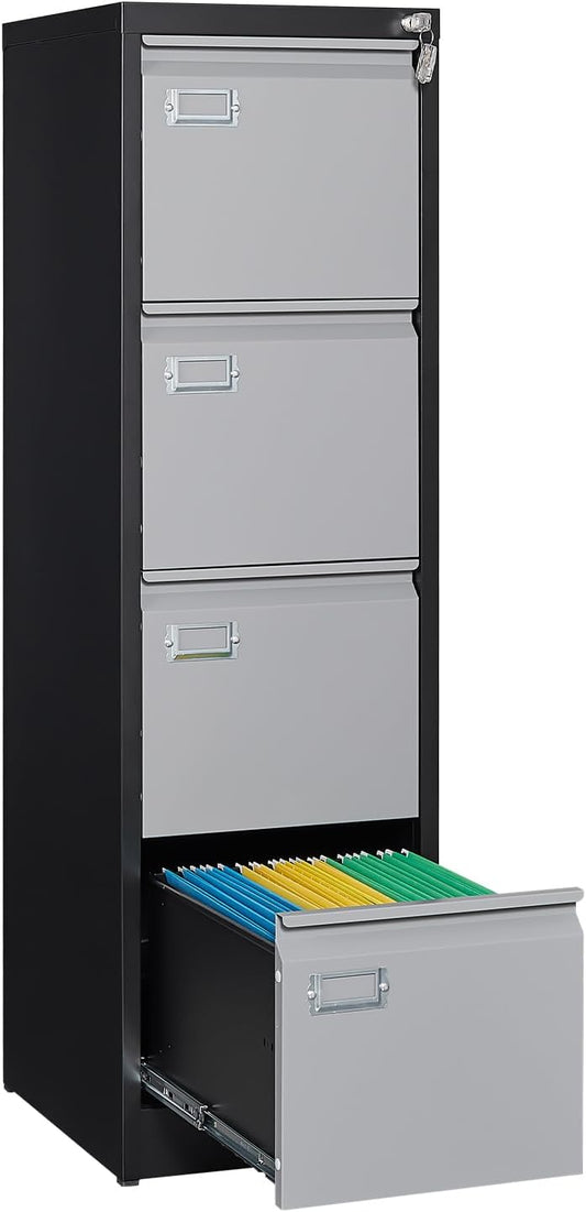 4 Drawer File Cabinet, Filing Cabinets for Home Office, Metal Vertical File Storage Cabinet with Lock, Locking File Cabinet for A4 Legal/Letter, 15" W x 17.7" D x 50.1" H, Assembly Required