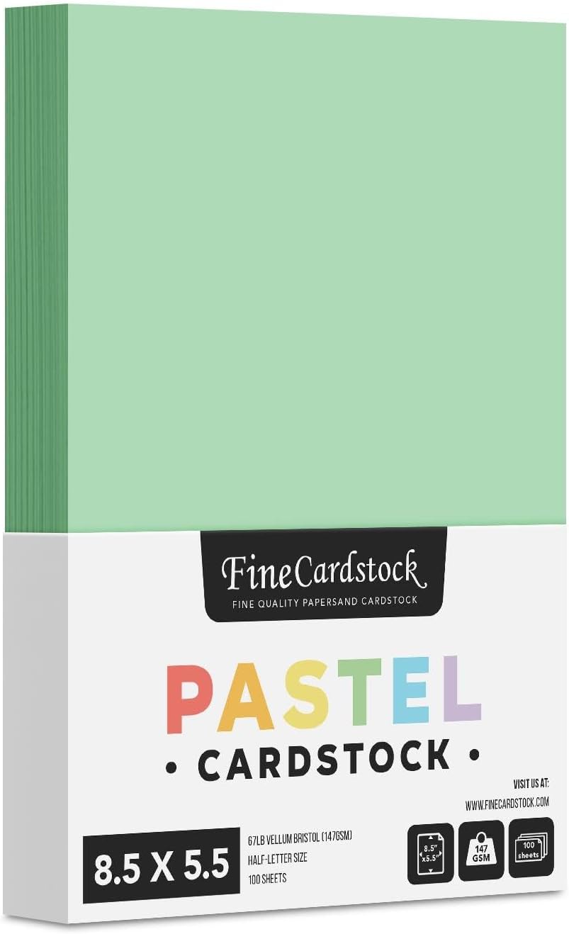 Half Letter Size, 8.5" x 5.5" Pastel Color Cardstock Paper for Arts and Crafts, Scrapbooking, Stationery Printing | Medium Weight 67lb Vellum Bristol (147gsm) Card Stock | 100 Sheets per Pack | Green