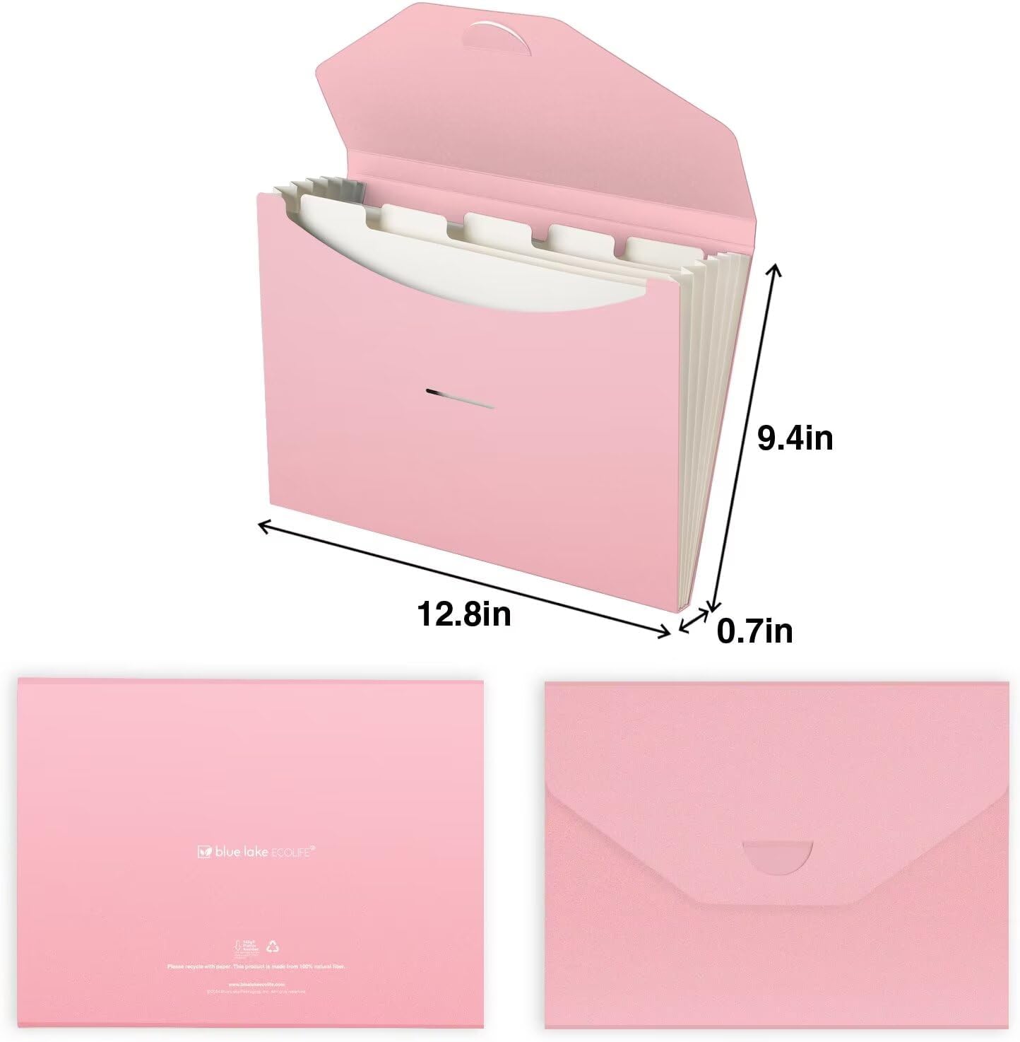 Blue Lake ECOLIFE Expanding File Folder Accordion Folders ECO Friendly 6 Pocket Organizer Pink