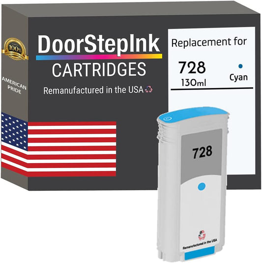 DoorStepInk Remanufactured in The USA Ink Cartridge Replacements for HP 728 130ml Cyan F9J67A for DesignJet T730 36-in, DesignJet T830 24-in, DesignJet T830 36-in