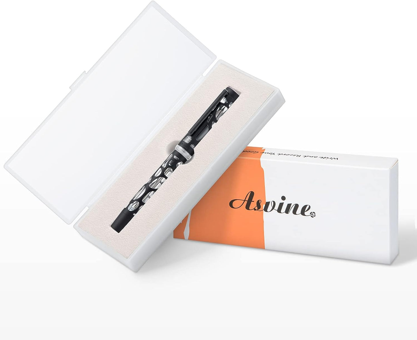 Asvine V169 Vacuum Filling Fountain Pen, Matte Black Water Drop Skeleton Transparent Acrylic Pen, Black Extra Fine Nib Office Pen with Case Set