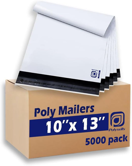 POLYSELLS 5000pcs 10x13 Inches White Poly Mailers Shipping Envelopes, Strong Adhesive Sealing, Waterproof, and Tear-resistant Postal Mailing Bags for clothing, books, and accessories