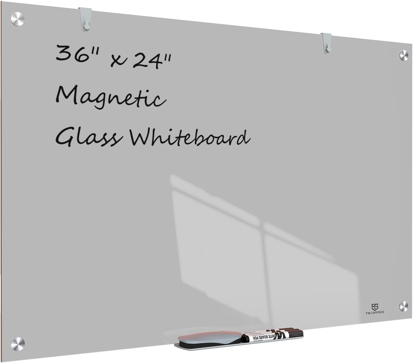 TSJ OFFICE Glass Dry-Erase Board - 36 x 24 Inches Wall Mounted Magnetic Whiteboard, Large Frameless Glass White Board for Office, Home & School, Gray