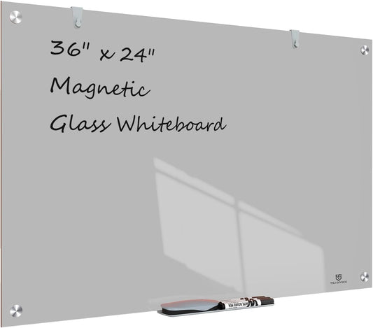 TSJ OFFICE Glass Dry-Erase Board - 36 x 24 Inches Wall Mounted Magnetic Whiteboard, Large Frameless Glass White Board for Office, Home & School, Gray